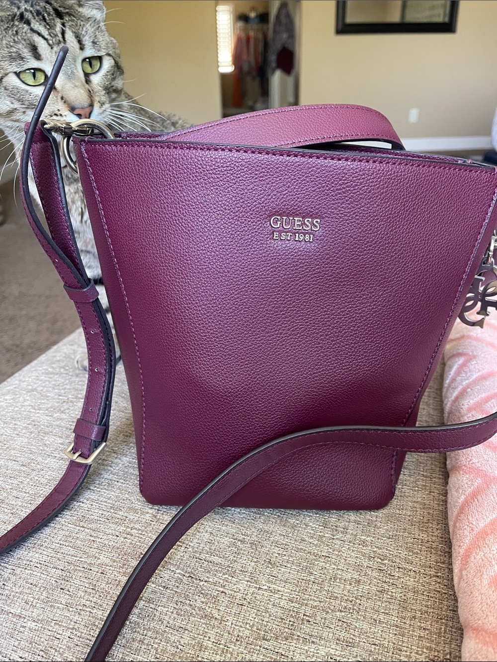 GUESS Plum Leather Crossbody Bag with Gold Logo